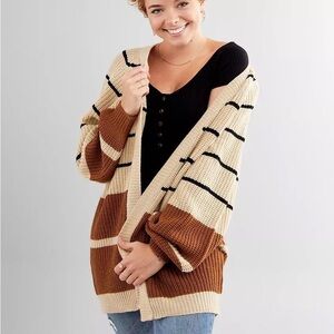 Streetwear Society Cream and Brown Striped Cardigan